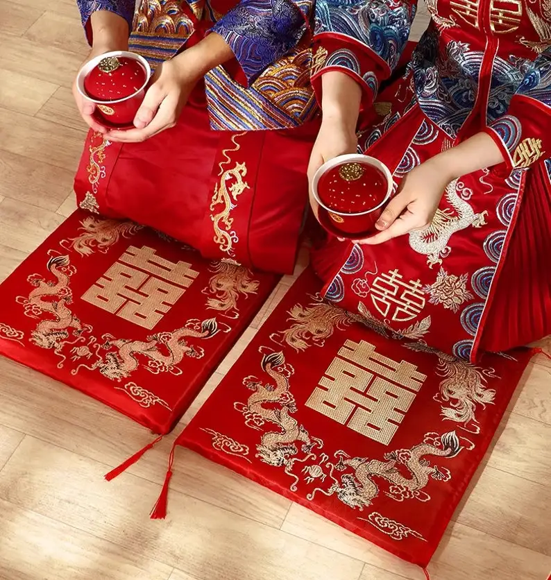 Set of 2 Chinese Wedding Tea Ceremony Red Double Happiness Dragon Phoenix Kneeling Cushion Pad Red Pad Vietnamese