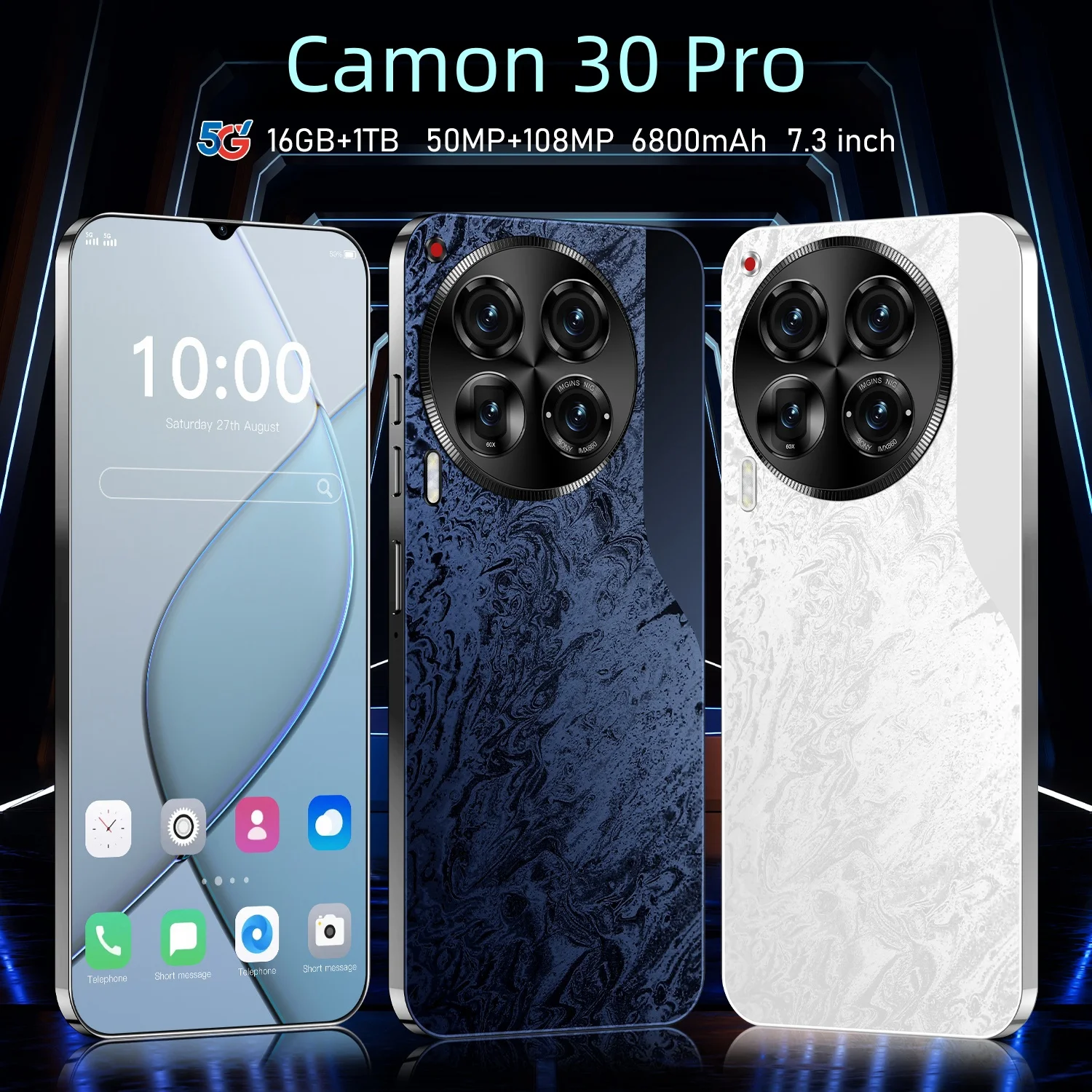 Camon 30 Pro Smartphone 7.3 inch Full Screen Android Mobile Phone Unlocked 5G Dual Sim 6800mAh 16GB+1TB Cellphone 50MP+108MP