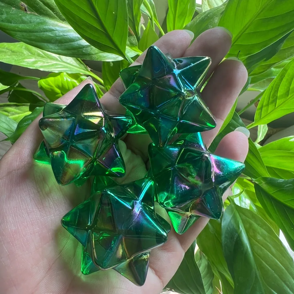 1 Stück grüner Aura-Stern – Quarz-Merkaba-Stern, facettierte Mineralprobe mit grüner bis türkisfarbener Farbe, spiritueller Meditationsstein