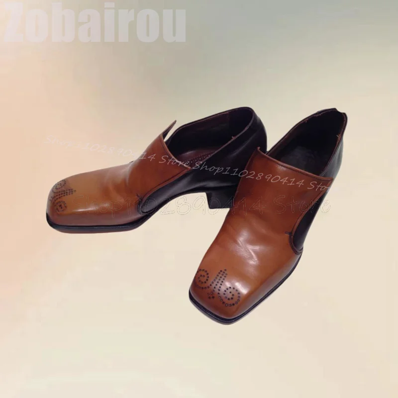 Mocassins à Talons Épais Carimplantés pour Hommes, Chaussures à Enfiler Luxueuses, Faites à la Main, Design Carré Marron, ixet Banquet, Mode Décontractée