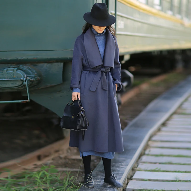 

Double-Faced Woolen Coat C865 Casual Lapel Loose Women's Medium-Length Coat Wave Pattern All Woolen Material Commute Sle