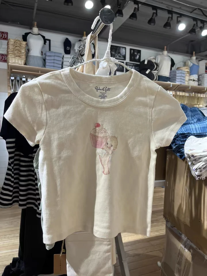 Cupcake Angel Baby Print Slim T-Shirts Sweet Cute O Neck Soft Cotton Short Sleeve Crop Tops 2023 Summer Vintage Casual Y2k Tops