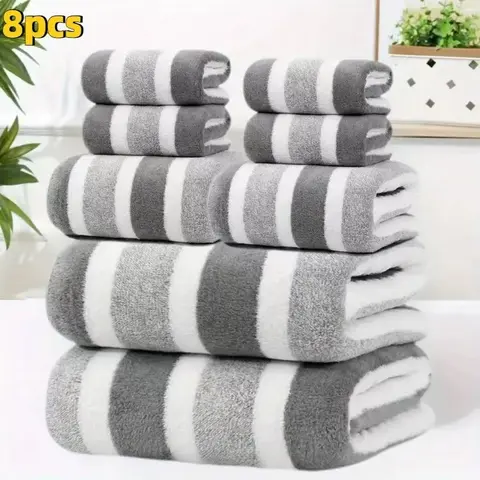 8 Piece Durable Decorative Two Tone Striped Towel Set Ultra Soft Lint Free Breathable Skin Friendly Quick Drying High Absorbency Bathroom Towels for Home Hotel Guest Bathroom 2 Bath 2 Face 4 Hand Towels Included