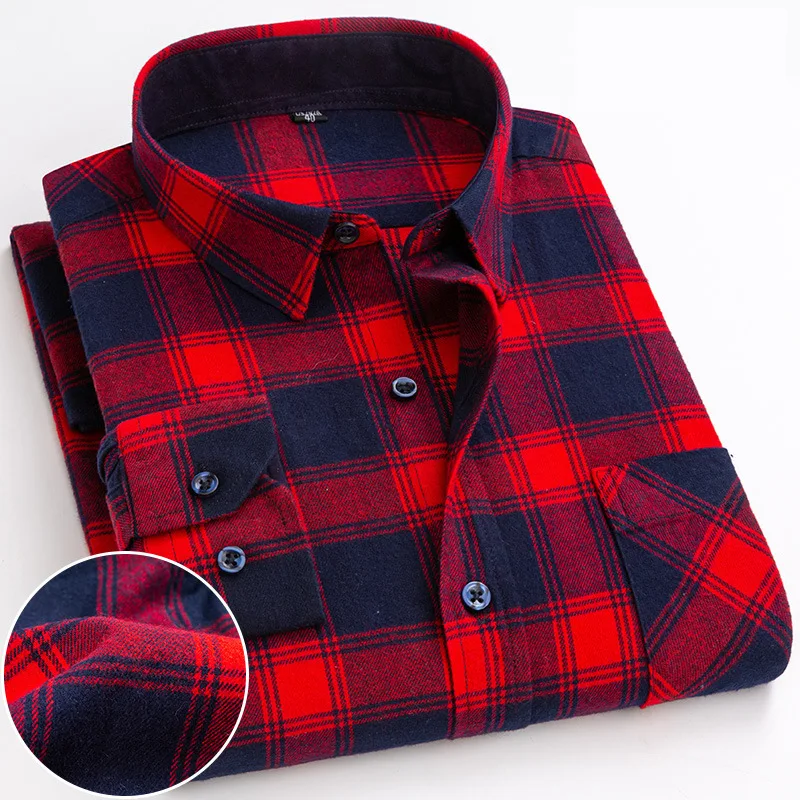 6XL men\'s shirt long sleeve 100% cotton checkered autumn and winter wool large size high-quality slim-fit casual wear fashion