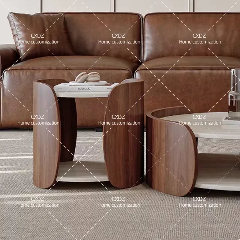 Retro Minimalist Wabi Sabi Travertine Rock Slab Coffee Table Walnut Pattern Round Small Apartment Living Room Combination