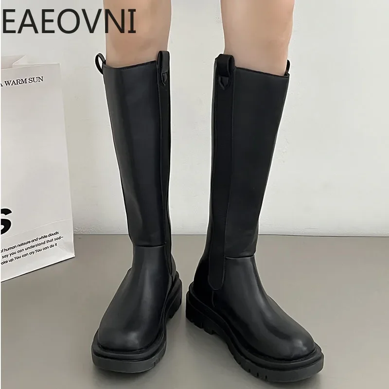 Punk Style Women Knee High Boots Fashion Slip On Thick Heel Shoes Autumn Winter Warm Fur Ladies Knight Long Booties