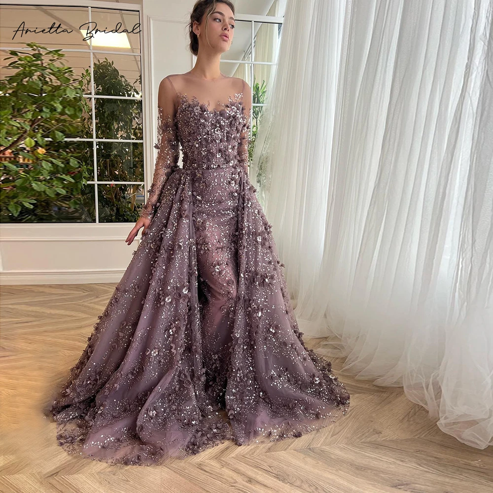 

Arietta Floral Sequin Beading Tulle Prom Dresses Sheer Neckline Long Sleeves Flowers Evening Party Gowns with Detachable Train