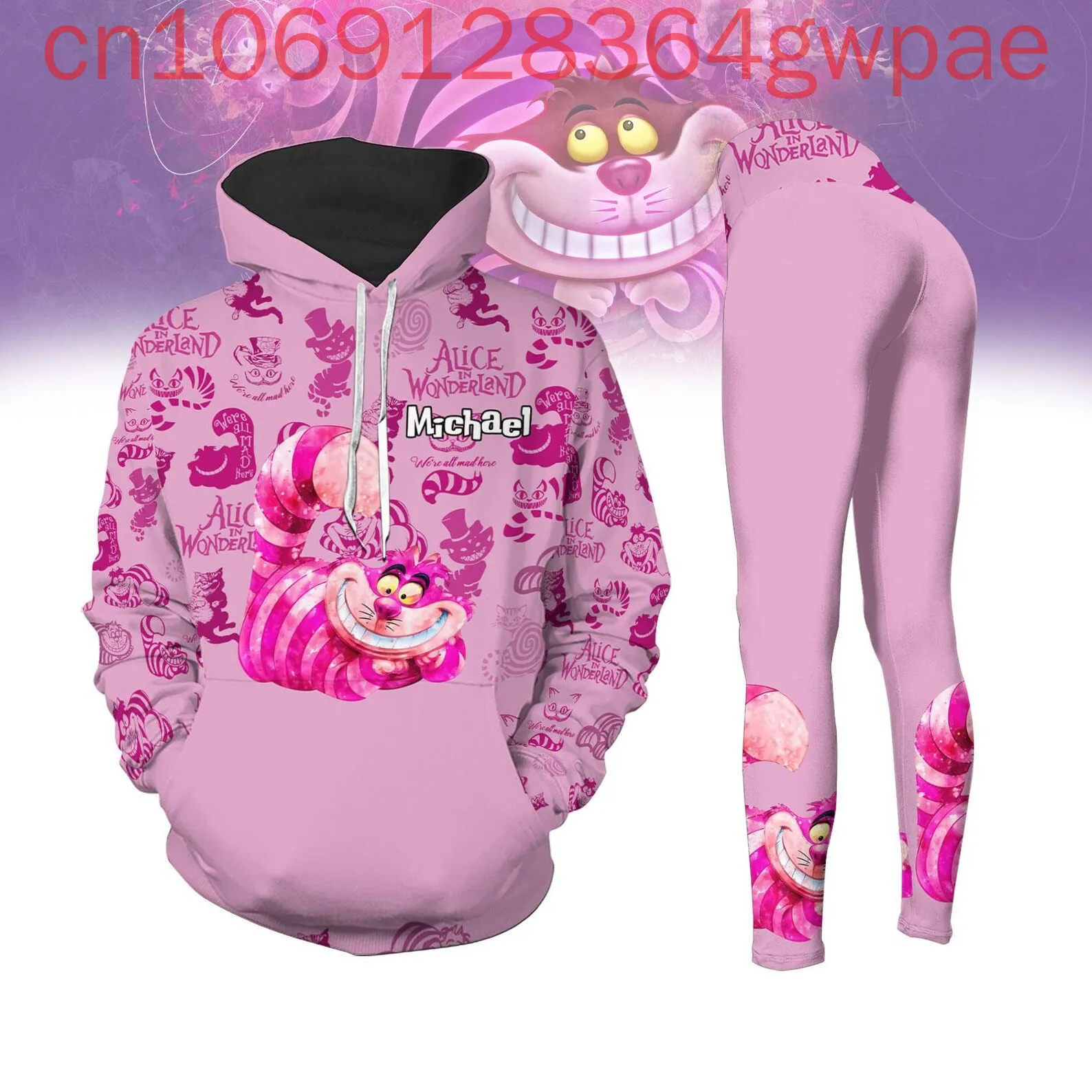 Disney Alice In Wonderland ผู้หญิง 3D Hoodie Legging ชุดลําลองผู้หญิงกางเกงโยคะเสื้อกันหนาวแฟชั่นชุดกีฬา