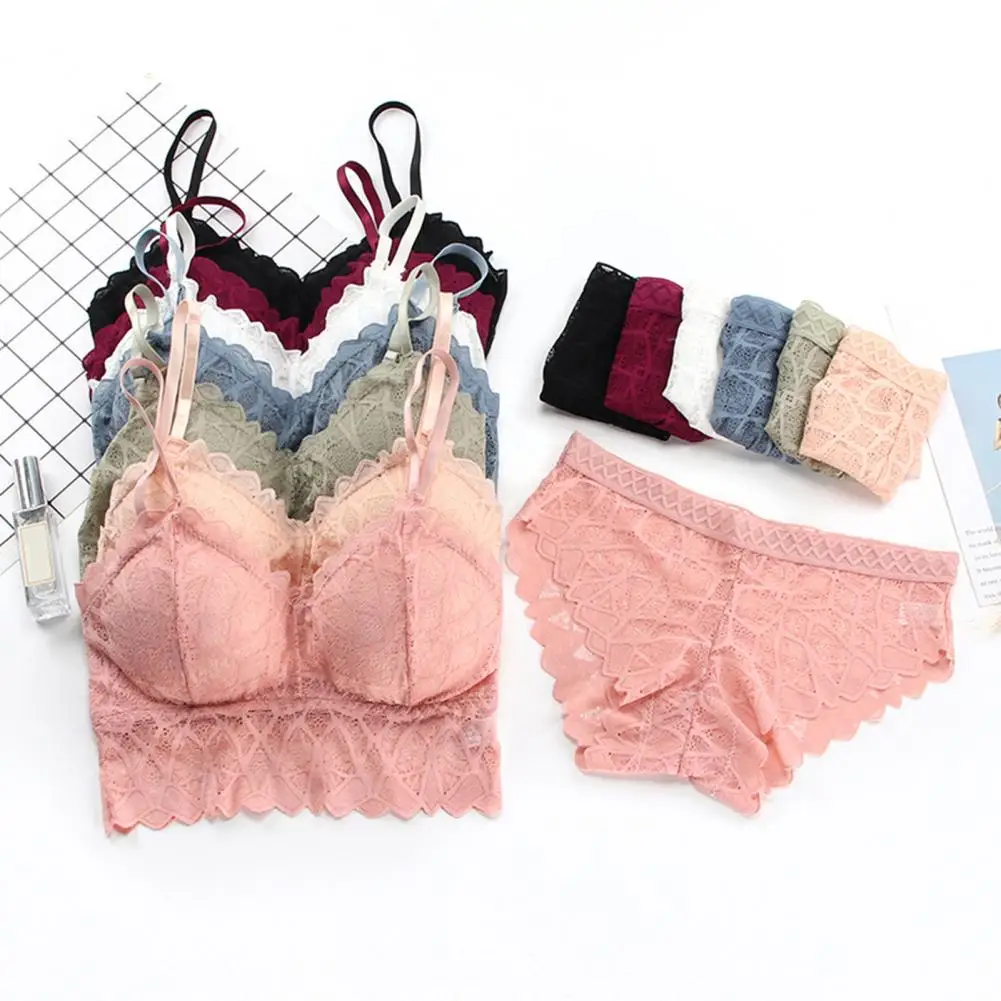 2 Pcs/Set Women Underwear Set Lace Adjustable Strap Seamless Wireless High Waist Soft Elastic Anti-septic Panties Bra Set