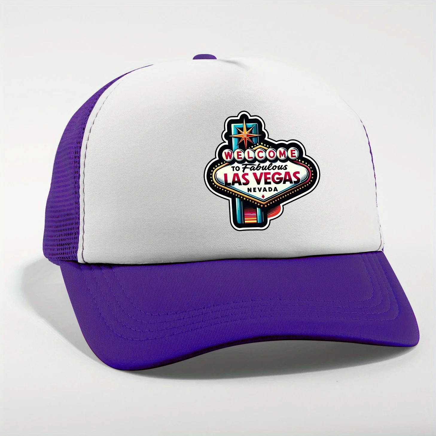 

Adjustable Mesh "Welcome to Las Vegas" Print Baseball Cap, Breathable Polyester Trucker Hat for Casual Occasion - Machine