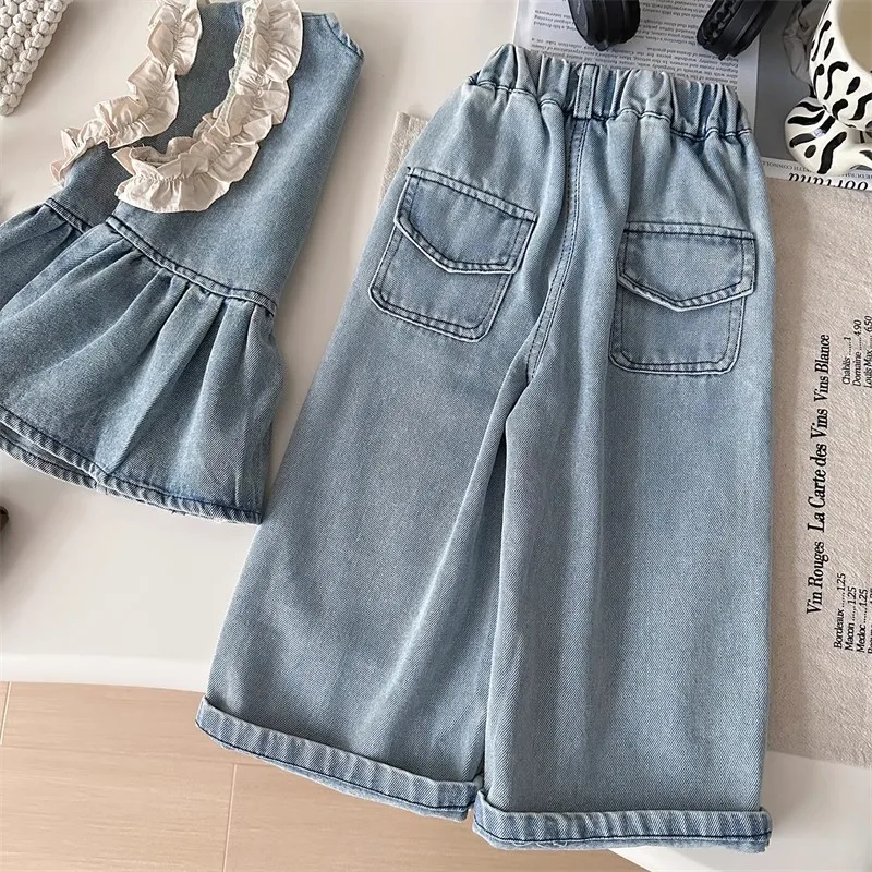 Undershirt Vest Pants Set New Spring and Autumn Shirts Fashionable Cowboy Vest Wide Leg Pants 3-Piece Set Trendy