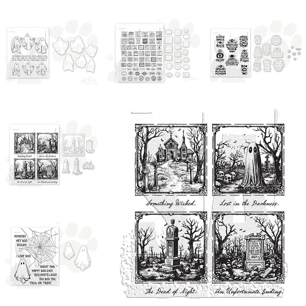 Halloween Graveyard Ghost Tombstone Spider Web  Ghost Spirit Cemetery Church Clear Stamp & Metal Cutting Die Set Scrapbooking