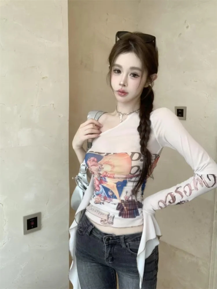 Sexy Off Shoulder Mesh Print T-shirt Women Fashion Ruffle Long Sleeve Slim Sheer Crop Top Retro Y2k Spicy Girl Tees Ins