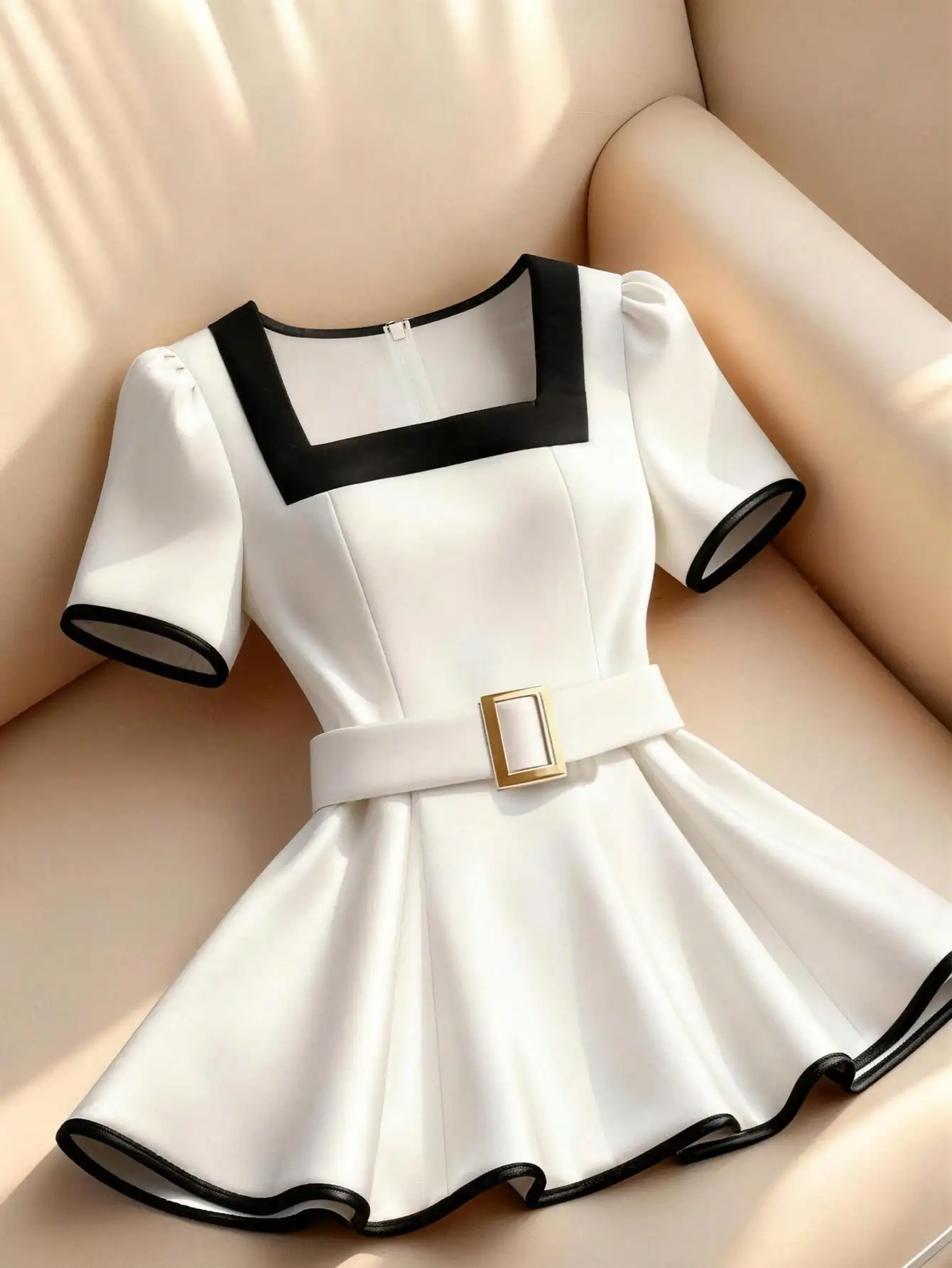 

Women's White Square Neck Puff Sleeve Dress with Black Trim and Belt