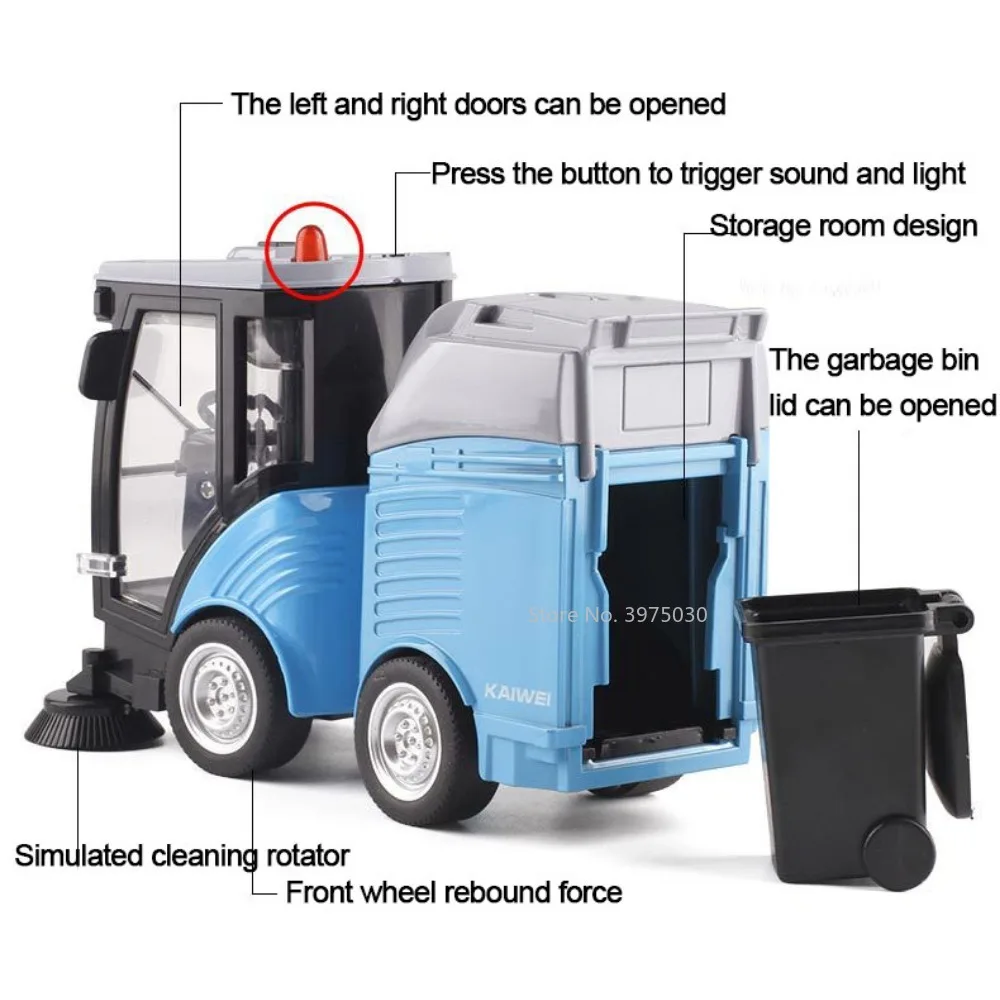 14cm Sweeper Car Model Toy Alloy Diecast Urban Cleaning Vehicle with Simulated Trash Can Sound Light Toys for Boys Birthday Gift