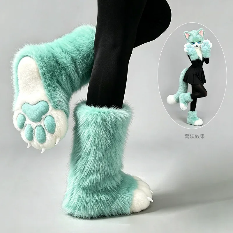 2026Fursuit Paw Boots Giant Wearable Accessories Plush Furry Cosplay Cat Bear Shoes Cute Fluffy Animal Claws Party Costume