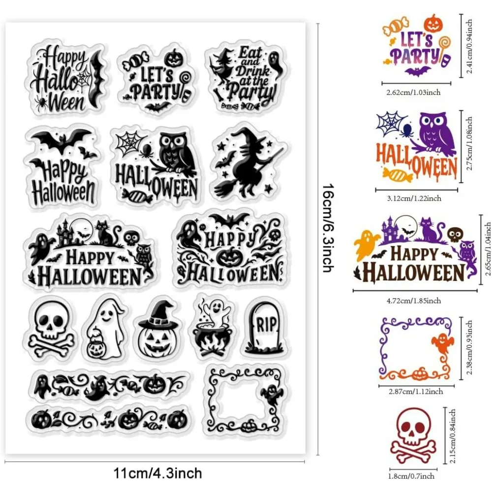 1 Sheet Clear Stamp Bat Owl Skeleton Ghost Transparent Rubber Stamps Reusable Clear Stamp Seals for Card Making