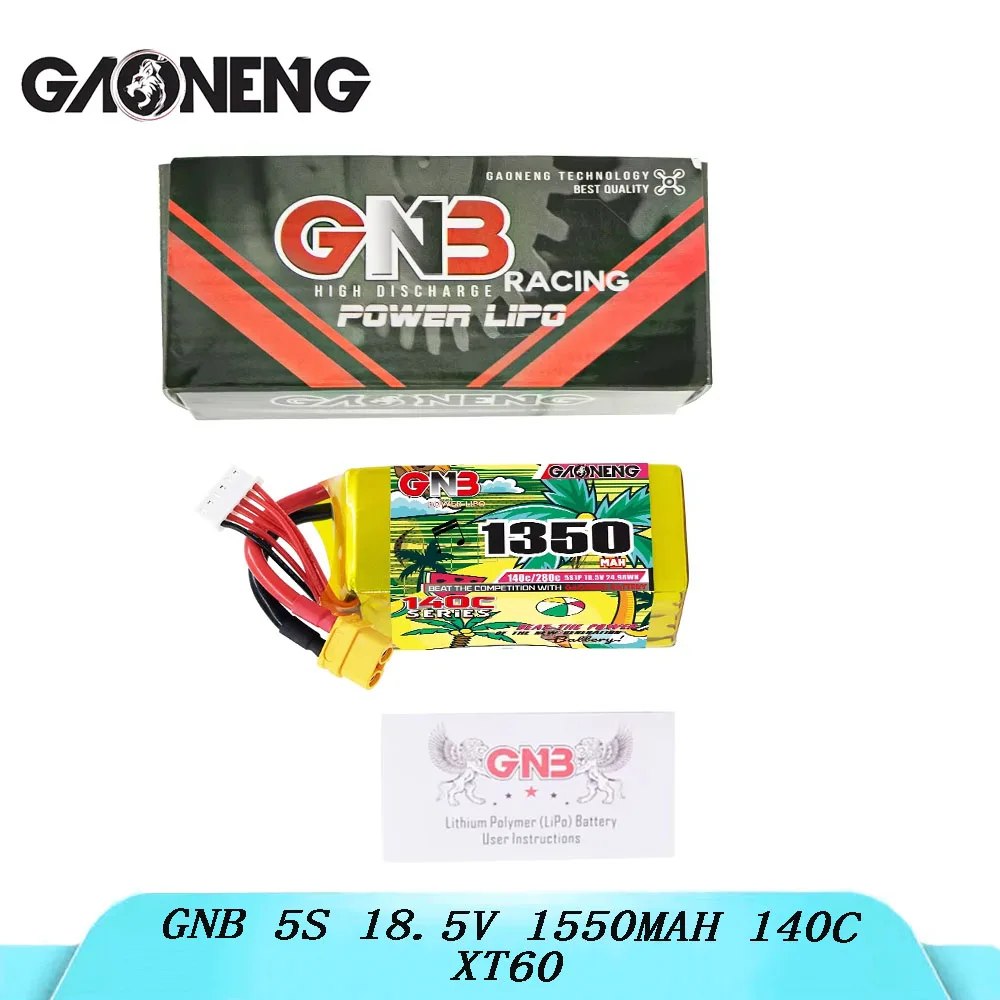 GAONENG GNB 5S 18.5V 1550mAh 140C lithium battery with XT60 connector, suitable for FPV drones and quadcopters.