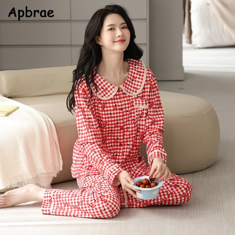 New Pajamas Autumn Winter Faux Cotton Sleepwear Long Sleeves Cardigan Pijamas Lapel Women Pyjamas Strawberry Print Loungewear