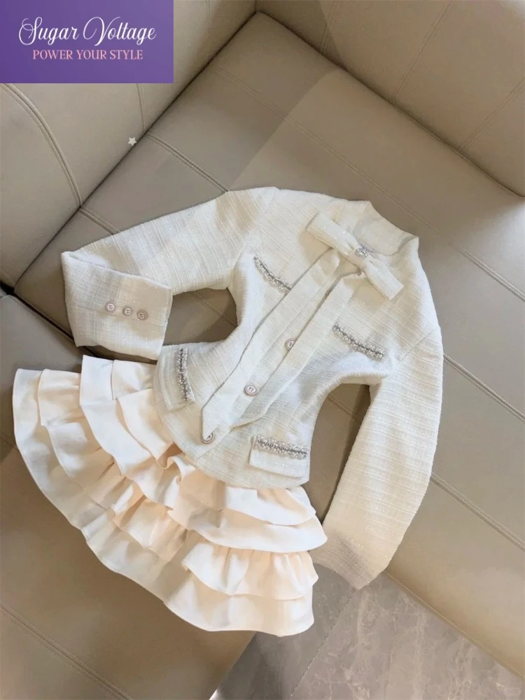 Корейский модный элегантный комплект из 2 предметов, женская тонкая куртка с длинным рукавом + юбка-тортик с высокой талией, шикарная осенняя французская роскошная повседневная одежда