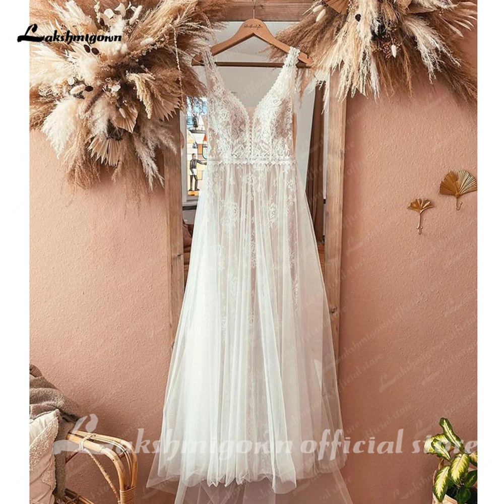 Lakshmigown vestidos com decote em v sem costas rendas uma linha boho vestido de casamento personalizado robe de mariage vestido de noiva civil para mulher