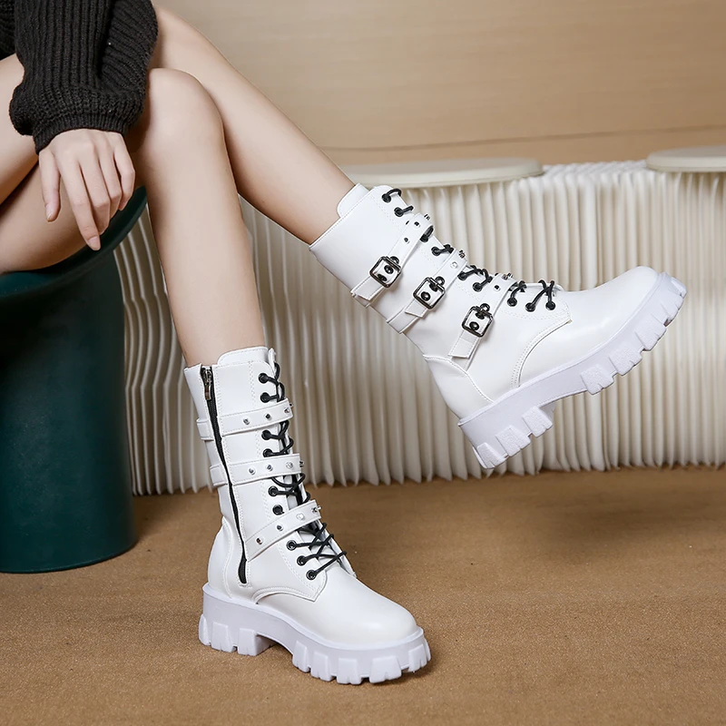 Goth Boots Woman Winter 2022 WOMEN ANKLE BOOTS Platform Shoes Sneakers Studded Belt Buckle Punk Army Chunky Heels Mid Calf Boots