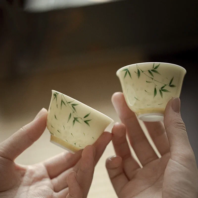 Small Porcelain Hand-painted Bamboo Underglaze Colored Tea Cups Yellow Literati Drinking Tea Cups for Tea Ceremony