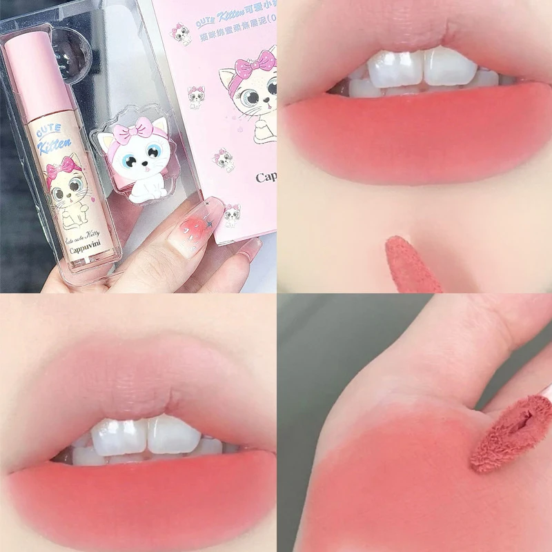 Cappuvini Rossetto Donna Cute Cat Lip Fango Crema Impermeabile Tazza antiaderente Smalto per labbra Tinta Illumina Cosmetici coreani a lunga durata