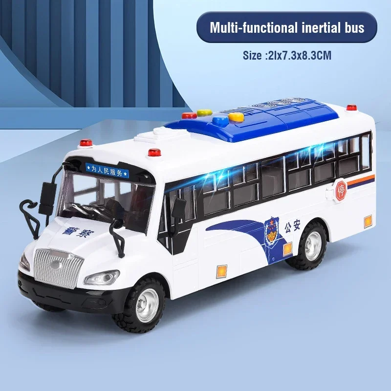 Modello di autobus della polizia per bambini, porta aperta, autobus della polizia simulato, auto inerziale con suono leggero, veicolo di guida per bambini, regalo di Natale
