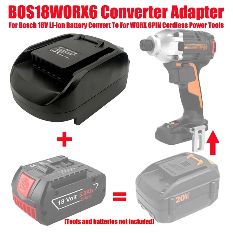 ALASICKA Battery Adapter BOS18WORX6 for Bosch 18V BAT618 Li-Ion Battery Convert To Work for Worx 20V 6 Pin Cordless Power Tools