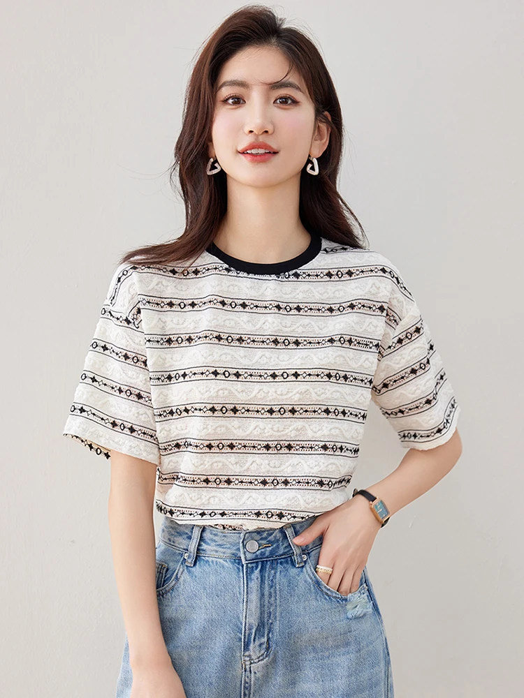 مخطط تي شيرت المرأة عادية تنوعا التي شيرت الصيف الجولة الرقبة تي شيرتات قصيرة الاكمام الكورية موضة فضفاضة