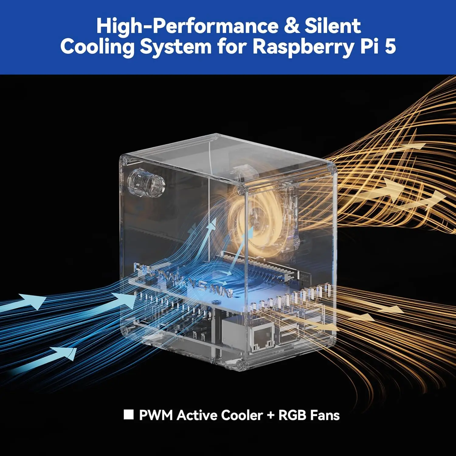 Чехол Pironman 5-Mini для ПК для Raspberry Pi 5 (нет в комплект), поддерживает M.2 NVMe SSD PCIe, с активным кулером PWM + вентилятором RGB