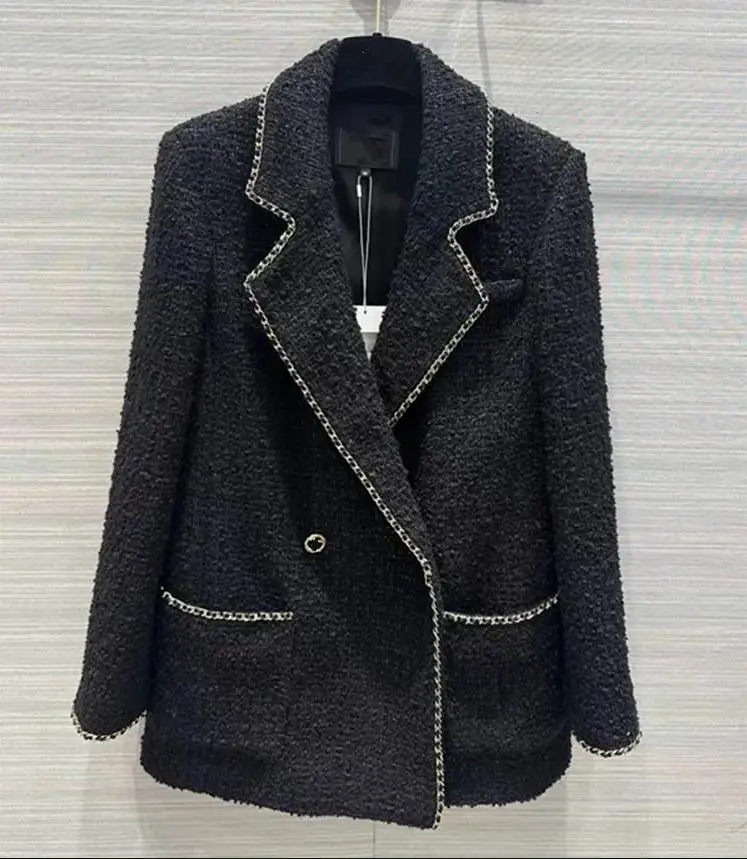 European and American women's clothing 2024 autumn new style Long-sleeved suit collar double-breasted chain fashion tweed jacket