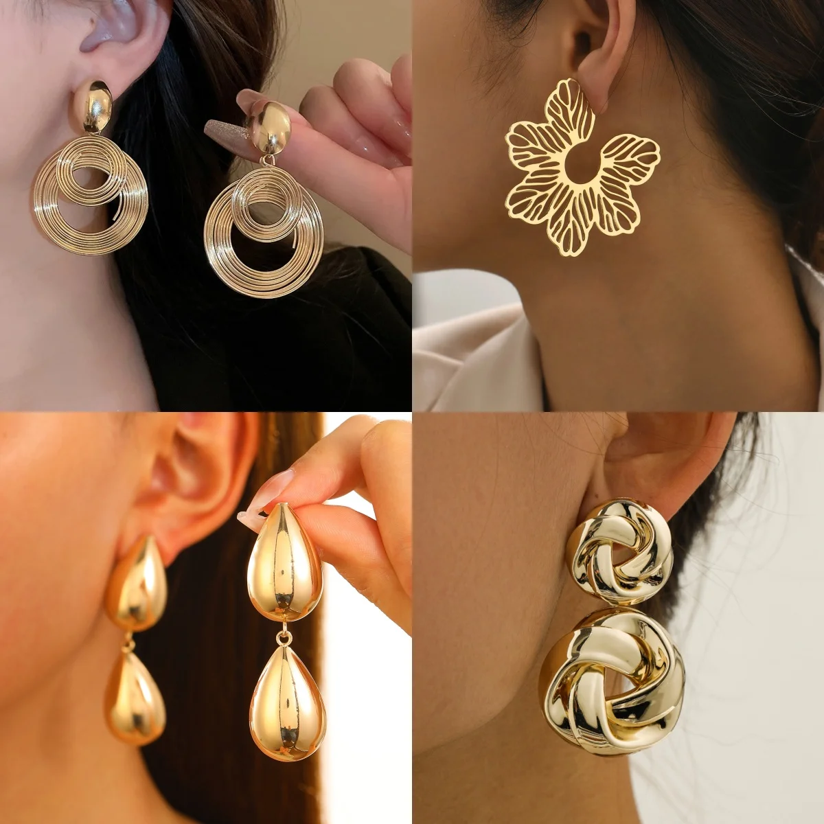 Big Metal Twist Star Flower Round Water Drop Earrings for Women Heart Gold Color Smooth Simple Brincos Hyperbole Party Jewelry