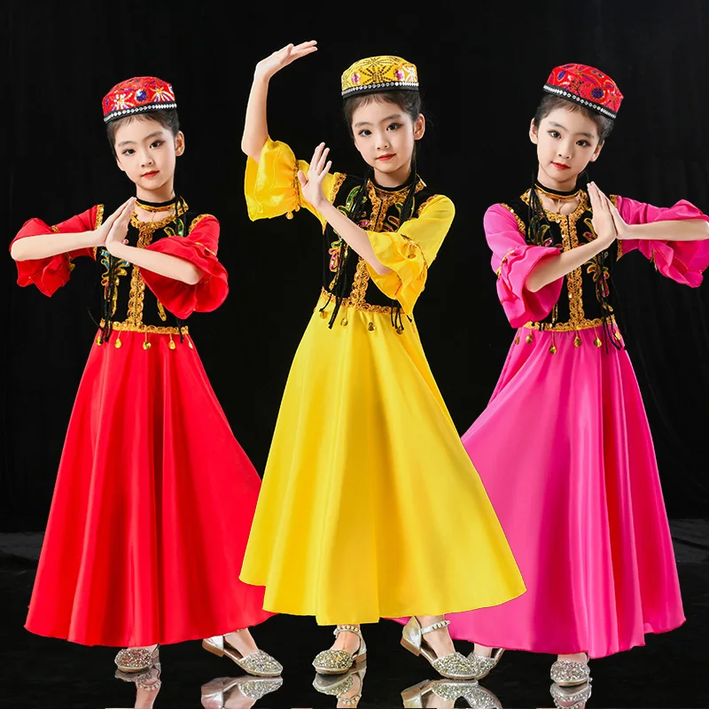 Costumi di danza uigura dello Xinjiang per ragazze Costume di danza popolare di minoranza nazionale antica Abbigliamento da ballo moderno per bambini