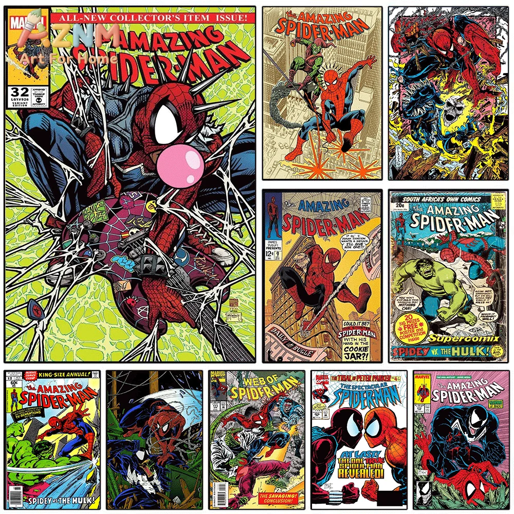 AZNM Vintage Spider‑Man Classic Comic Page Collage Frameless Canvas Wall Art Retro Marvel Superhero Comic‑Strip Print Poster F