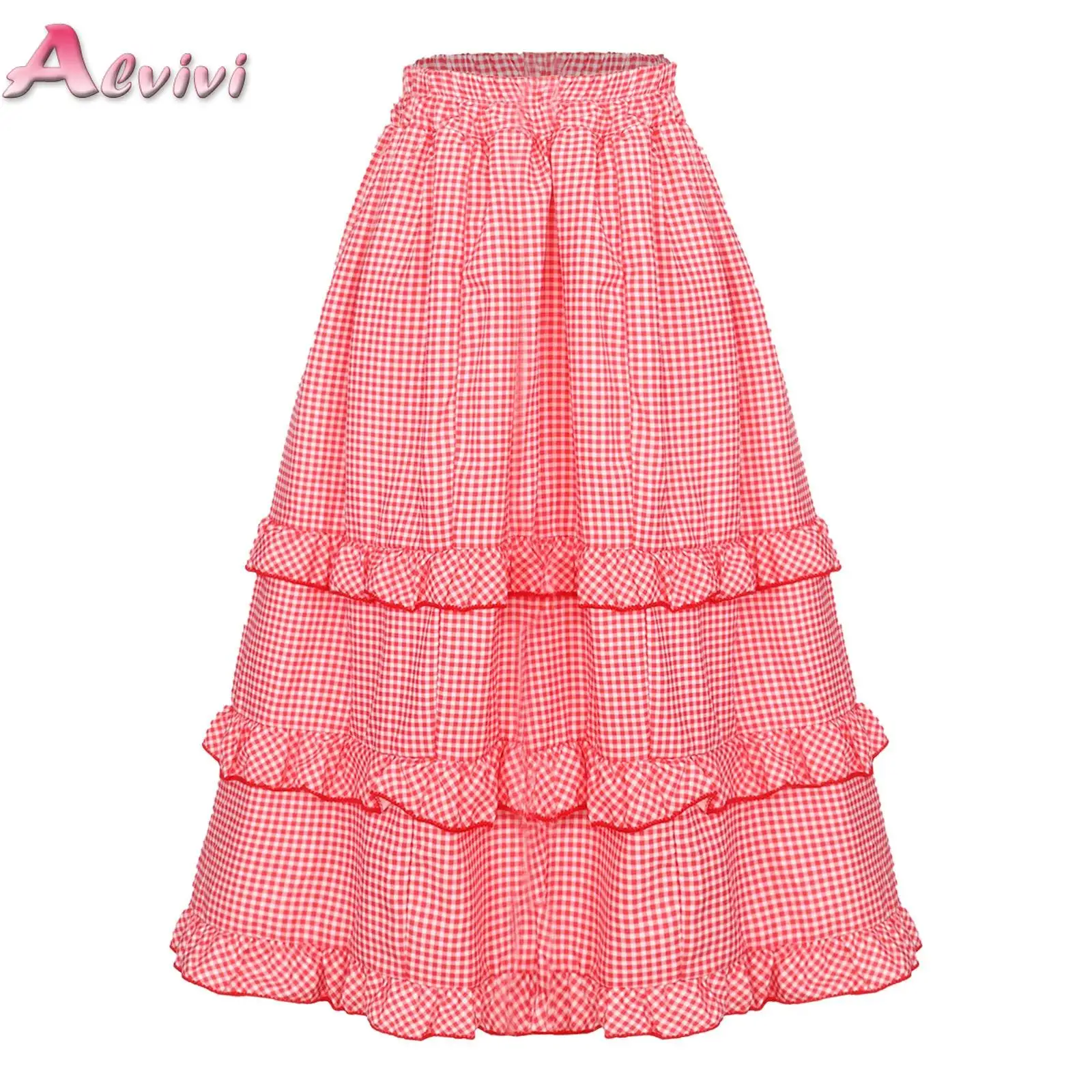 

Kids Girls Tiered Ruffle Plaid Midi Skirt Casual High Waist Elastic Waistband Long Skirts for Holiday Vacation Beach Party