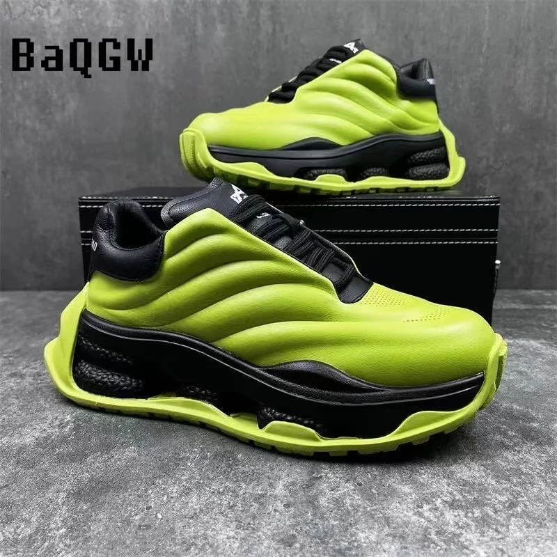 

Designer Chunky Sneaker Men Casual Soft Sole Color Block Running Shoes Fashion Leather Height Increased Platform Sports Shoes