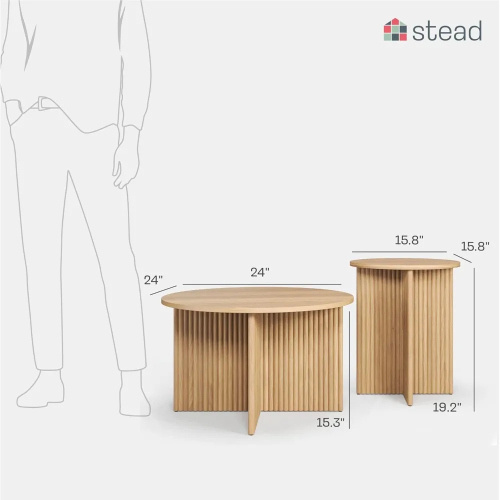 Mesa de centro nido redonda estriada - Juego de mesa de centro de 2 piezas - Muebles de sala de estar Base de madera maciza y tapa de chapa de veta de madera