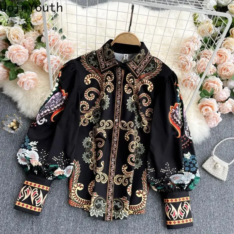 2024 Camisas De Mujer Floral Lantern Sleeve Blouse for Women\'s Turndown Collar Loose Shirts Loose Summer Vintage Blouses Tops