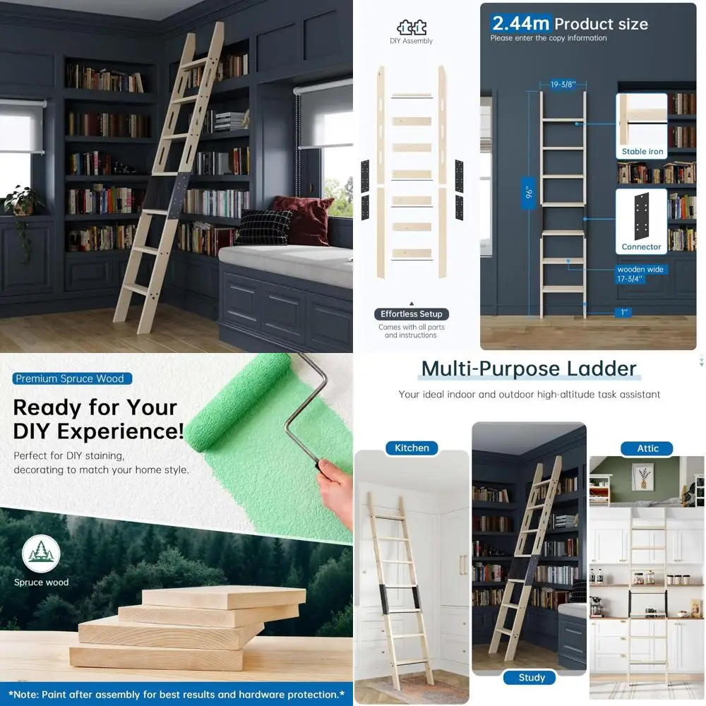 8-Foot Wooden Step Ladder with Integrated Handrail for Multi-Purpose Use: Loft Access, Library Shelves, Kitchen, and Workshop -