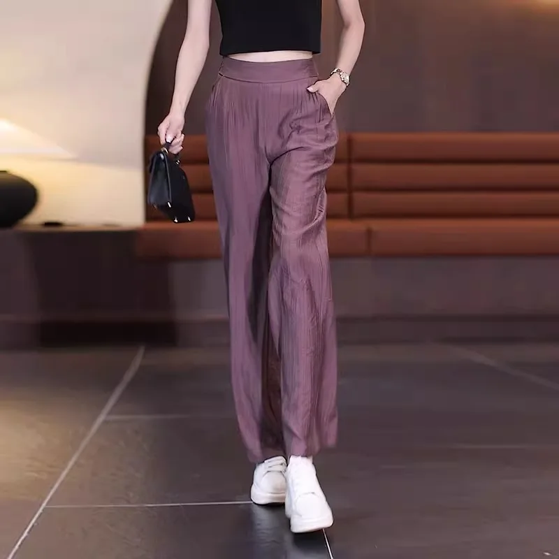 

Elastic Wide-Leg Pants for Women, Summer Thin High-Waist Pleated Textured Casual Comfortable Straight Pants