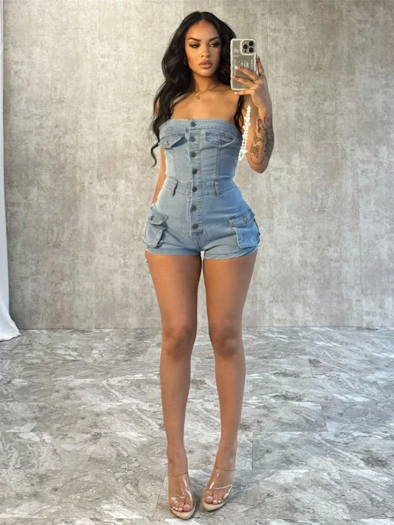 Streetwear Jeans Shorts Strapless Jumpsuit Summer Clothes Women 2024 Button Up Denim Romper Playsuits One Pieces Overalls Outfit