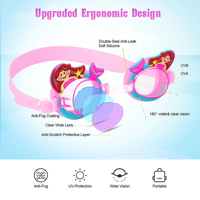 Professional Swimming Goggles Girl Cartoon Swim Glasses with Ear Plug Waterproof Anti Fog Swim Eyewear For Children Kids Gifts