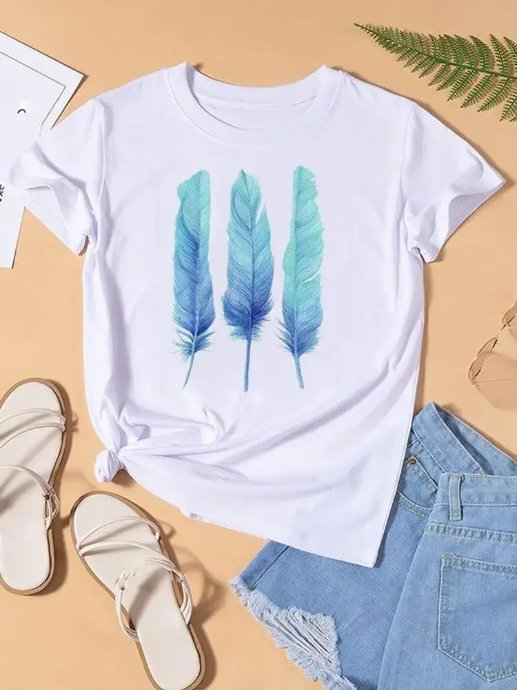 Women Clothes Graphic T-shirt Fashion Print Short Sleeve Lady Top Feather Lovely Cartoon Vintage Style Female Womens T Shirt Tee