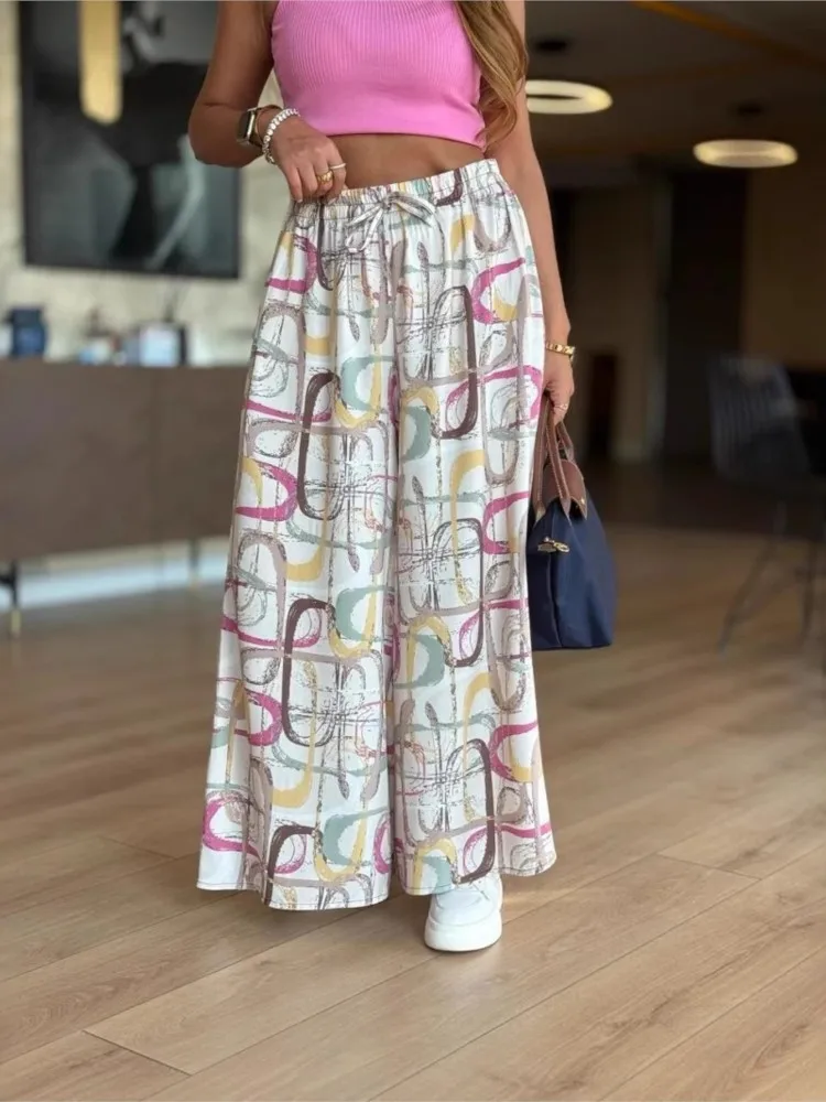 New Summer Casual Women's Trousers Fashion Loose Print Elegant Holiday Casual Pant Office Sports Beach Wide-leg Pants 2025