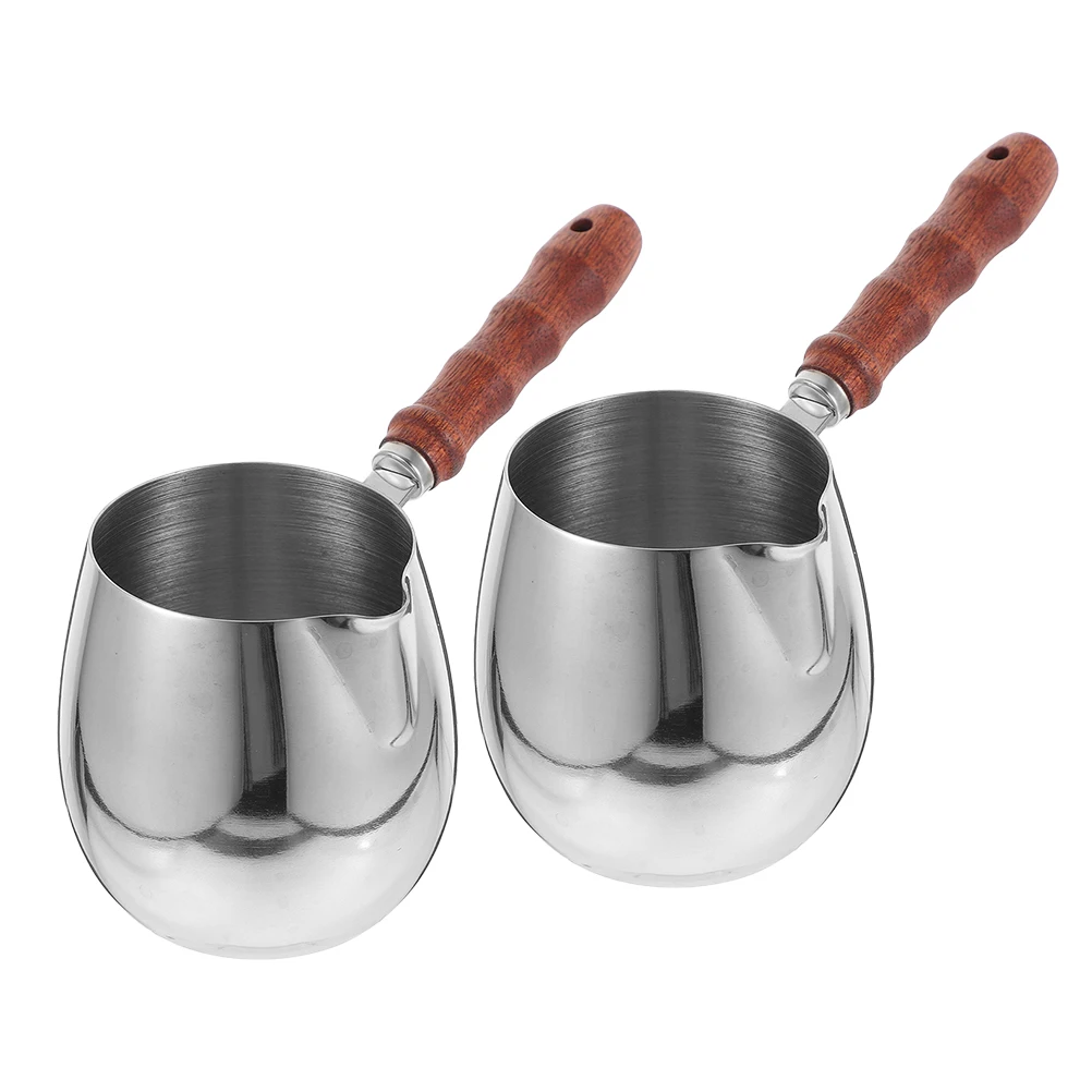 

2pcs 300ml Turkish Coffee Pot Stainless Steel Coffee Maker With Wooden Handle Milk Butter Warmer Pot For Espresso Chocolate