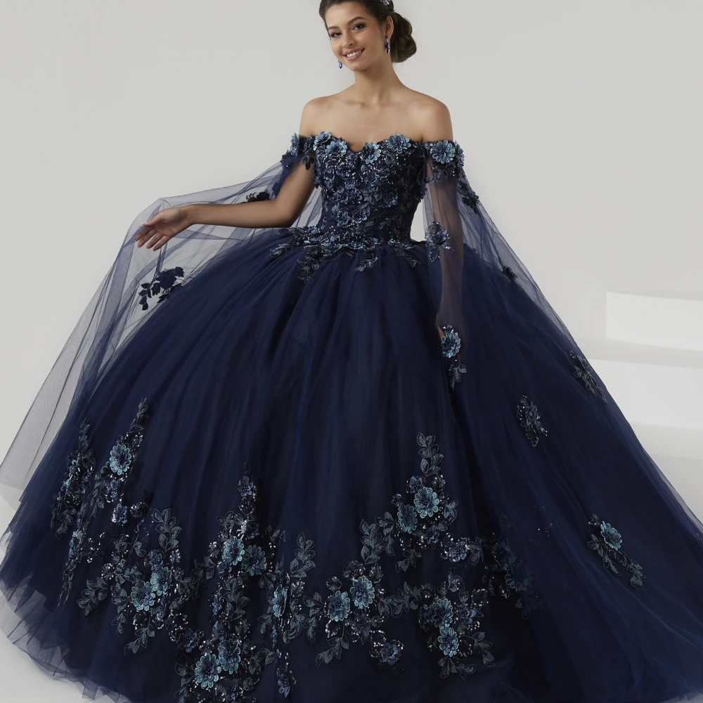 

Lorencia Navy Blue Quinceanera Dress 2023 Ball Gown With Shawl Appliques Lace Flowers Crystal Princess For 15 Party Gown YQD205