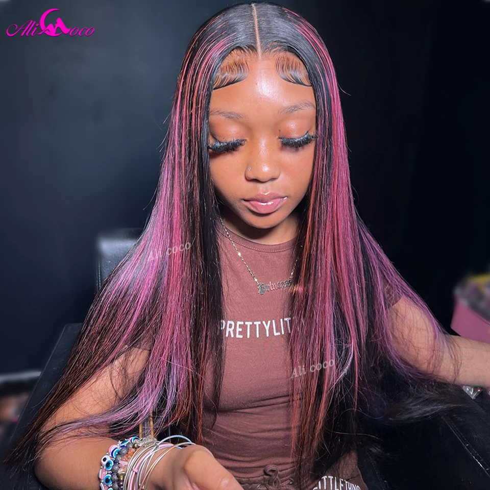 Perruque Lace Frontal Wig naturelle brésilienne Remy, cheveux lisses, rose à reflets, 13x4, naissance des cheveux naturelle, pour femmes africaines