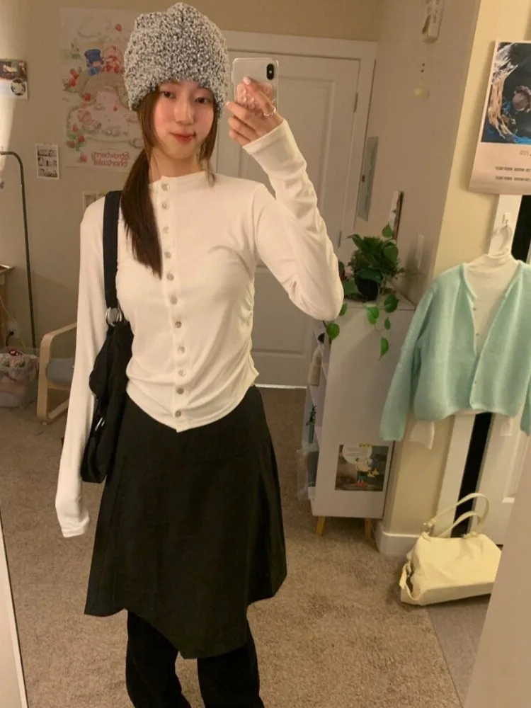 Slim Fit Long Sleeve T-Shirt Women's Base Layer Top Half High Collar Single Button Pure Color Korean Style Autumn Winter Spring